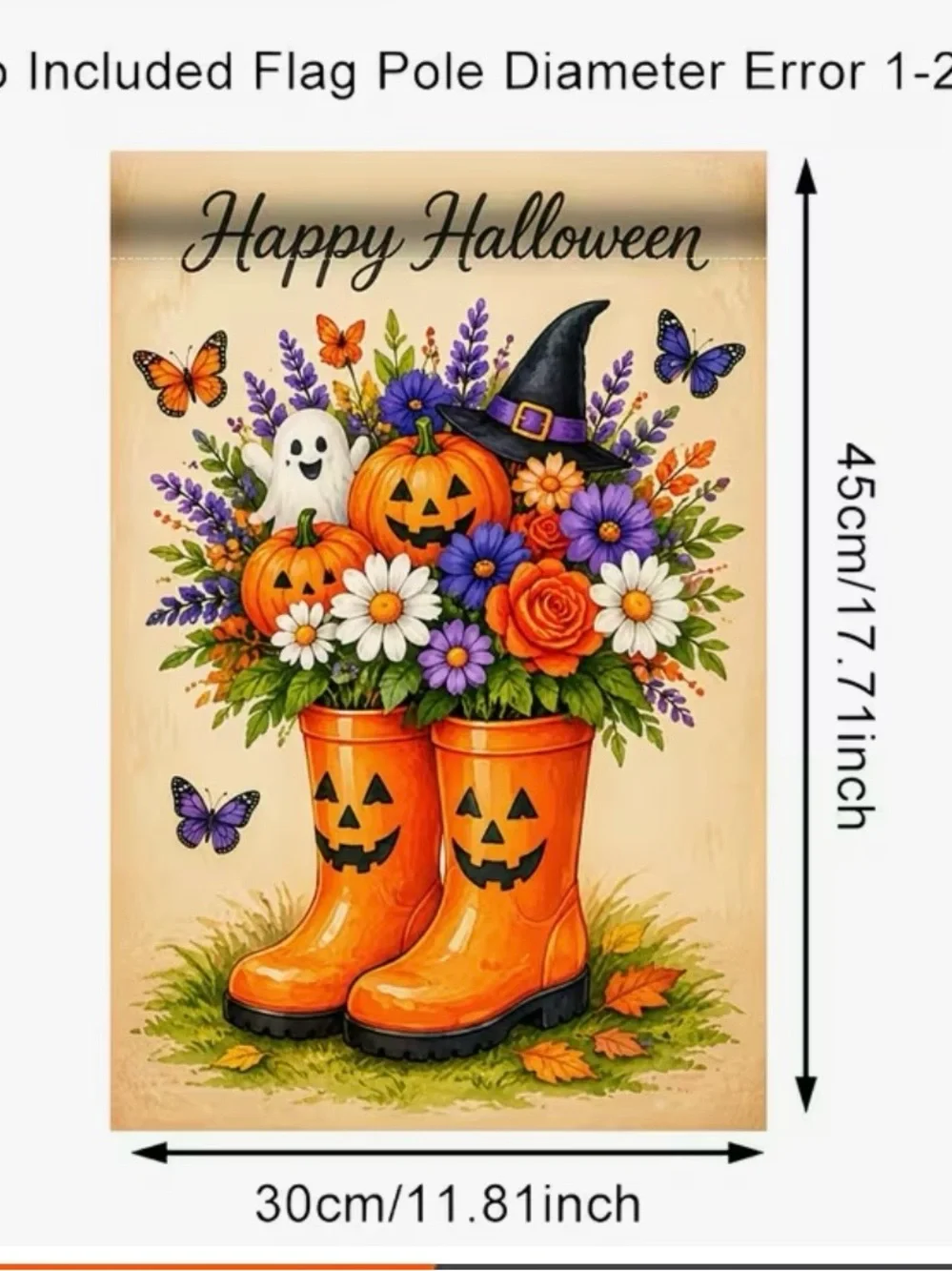 Happy Halloween Orange Jack-o'-Lantern Boot Garden Flag Flowers Ghost Witch Hat